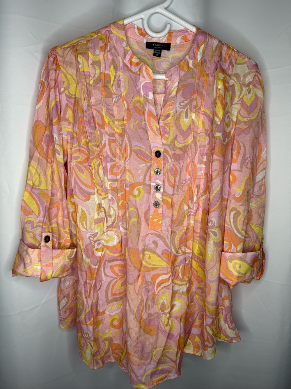 Cocomo Womens Tunic Blouse Top Size 1X Pink Floral Pleated Roll Tab 3/4 Sleeve